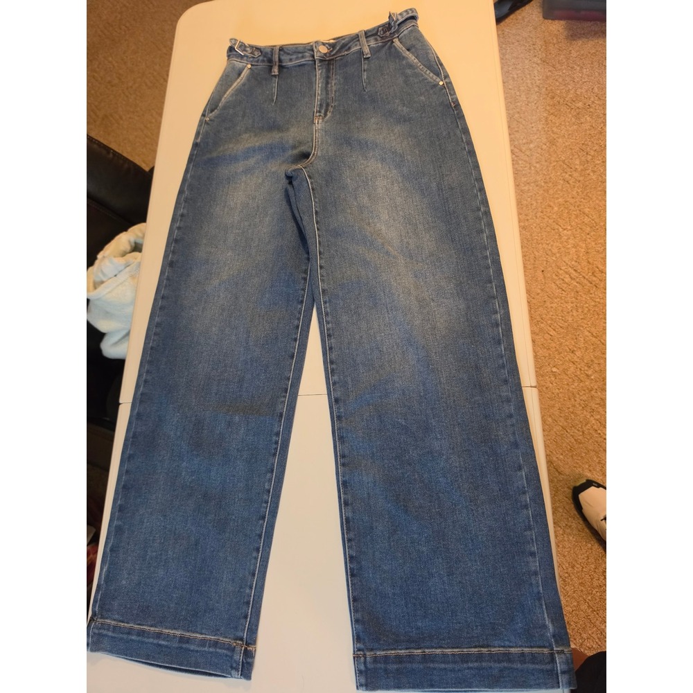 Risen Jeans Womens 9/29 Wide Leg High Rise Pleated Buckle Waist Denim Medium Wa